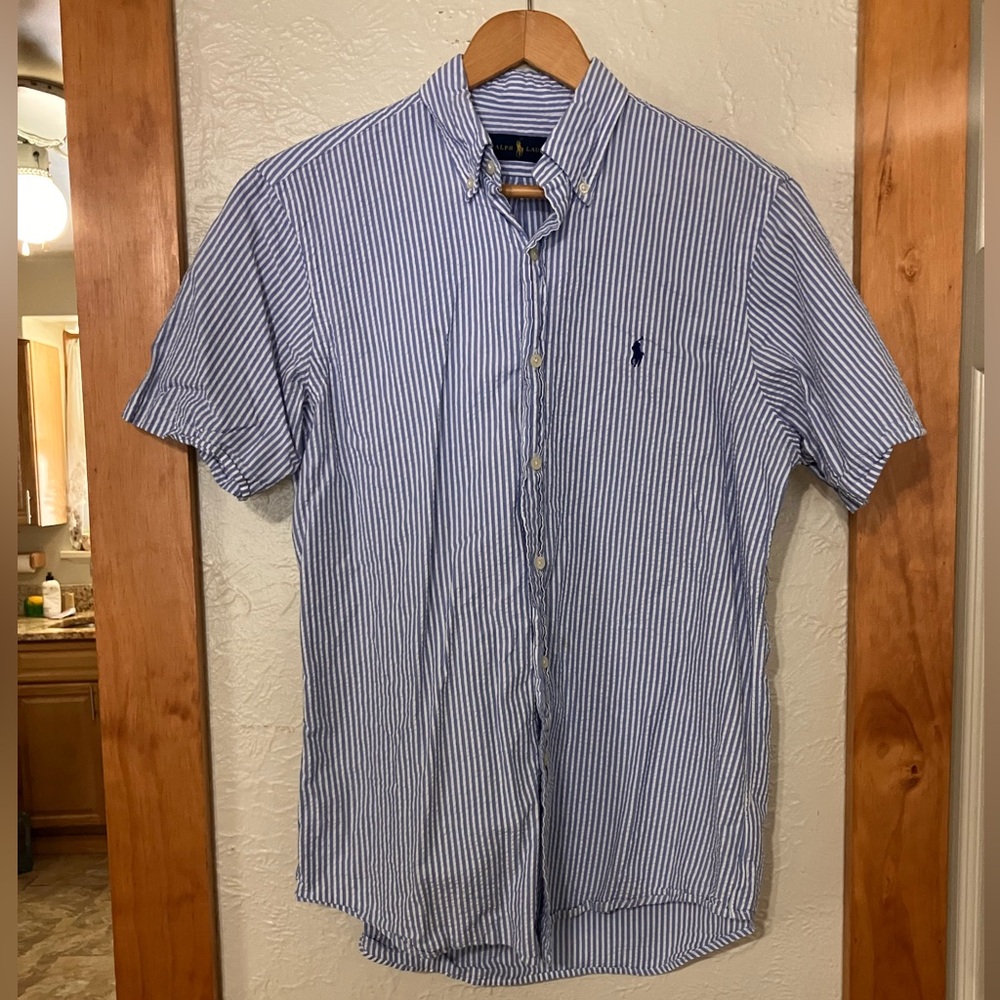 Ralph Lauren Blue and White Striped Casual Button Down Shirt